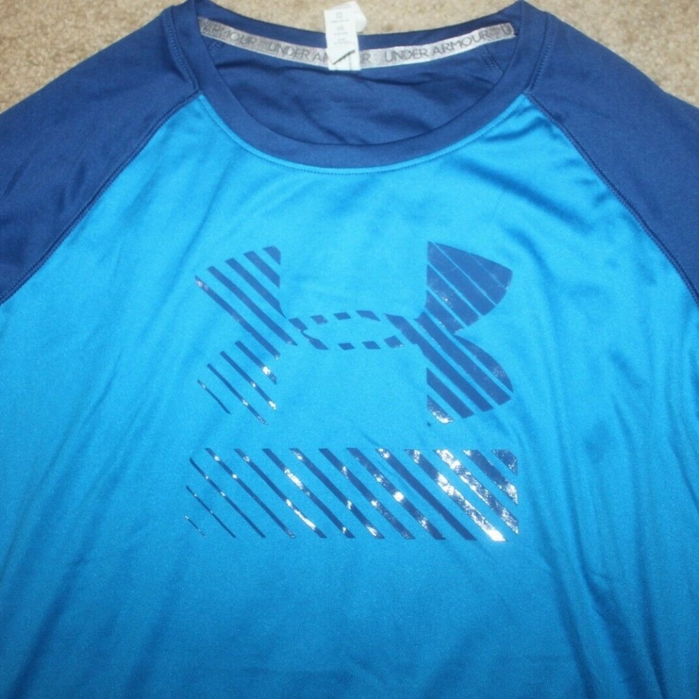 Under Armour Heat Gear Boys Blue shirt Fitted Long sleeve Youth size Large EUC…